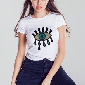 Lux Evil Eye Sequins White T-Shirt Oversized Front Tie Women's S/M L/XL